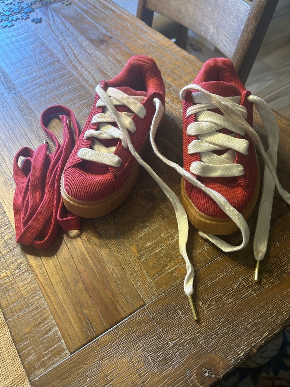 Puma/Fenty Creeper Red Corduroy Sneakers with White Accents and Gum Sole